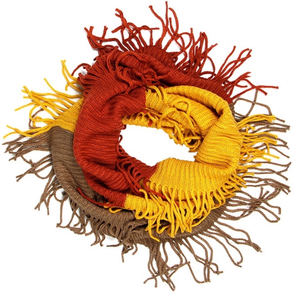 Fringe Knit Infinity Scarf | Rust Mustard Tan